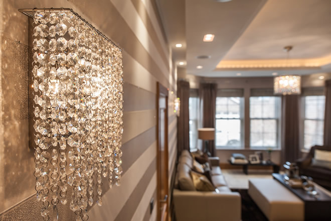 Linea W crystal wall sconces in a private residence, Manooi Crystal Chandeliers