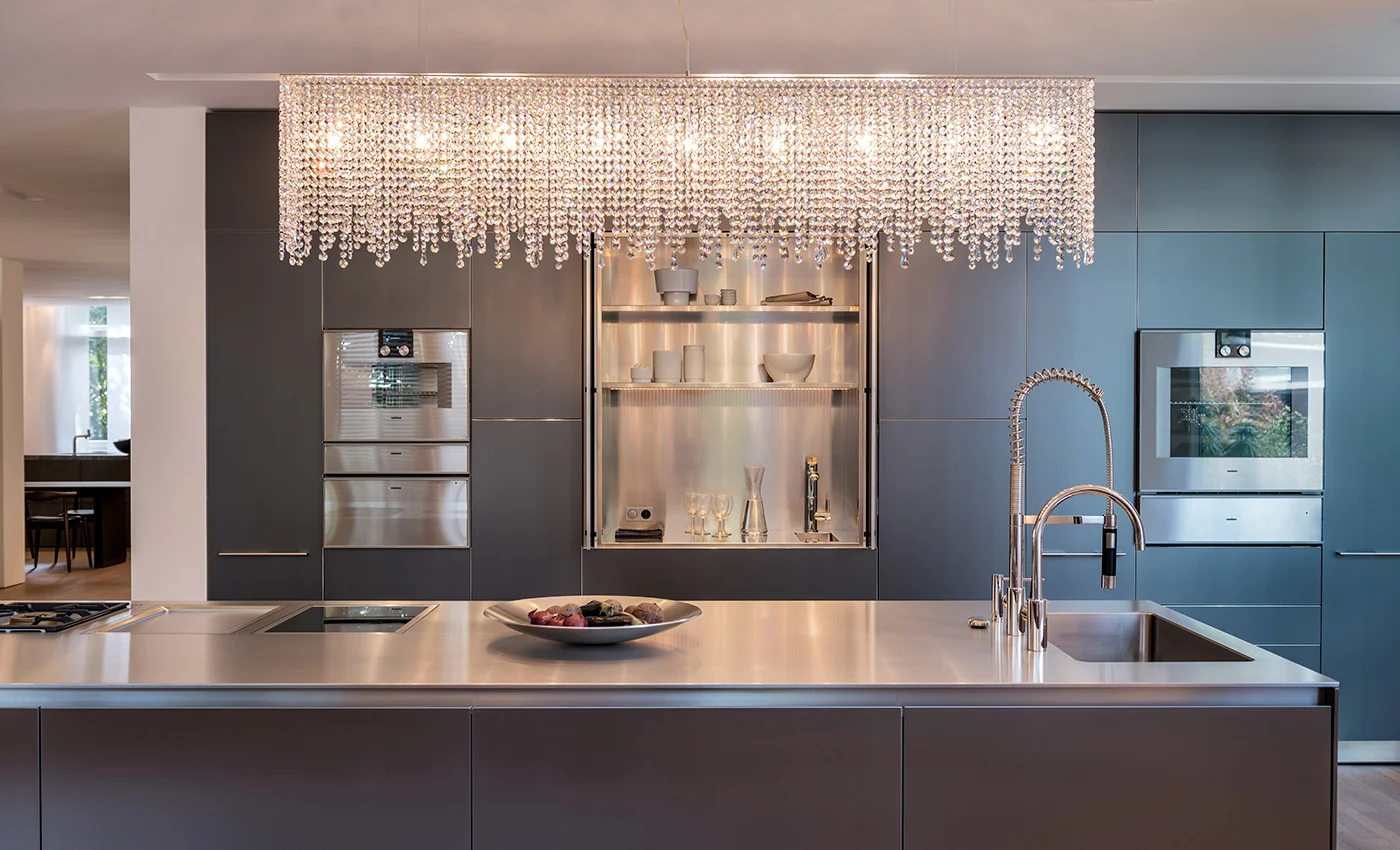 Manooi Crystal Chandelier Collection in Bulthaup Showroom