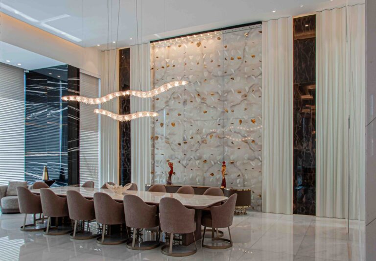 Swarovski crystal chandelier by Manooi in a luxury dining room interior